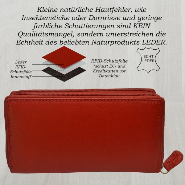 flevado Xl Portemonnaie Große Damen Leder Geldbörse mit viel Stauraum und Platz für 29 Karten (hellrot)